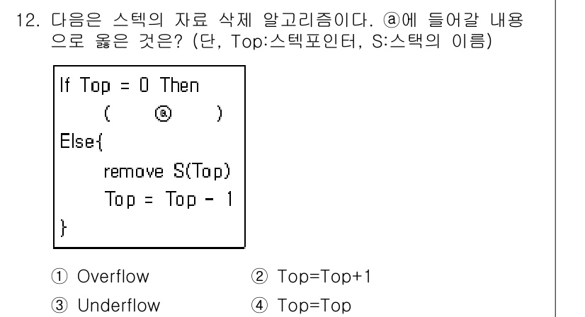 정보처리기사(구) 2019년 12번 - 정답 3번 "Top=Top"은 스택의 Top 포인터를 그대로 유지하는 것... 에 관한 핵심 기출문제