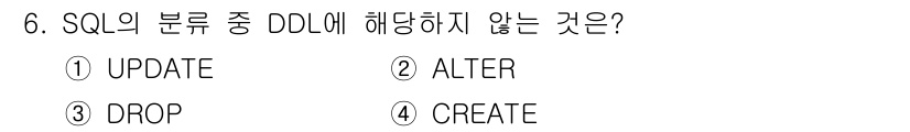 정보처리기사 2019년 6번 - 정답은 1. UPDATE입니다. SQL의 DDL(Data Definiti... 에 관한 핵심 기출문제