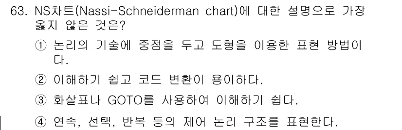 정보처리기사_필기 2019년 63번 - NS차트(Nassi-Schneiderman Chart)는 프로그램의 논리... 에 관한 핵심 기출문제
