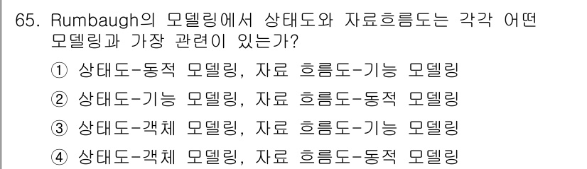 정보처리기사_필기 2019년 65번 - Rumbaugh의 모델링에서는 상태도와 동적 모델링, 그리고 자료 흐름이... 에 관한 핵심 기출문제