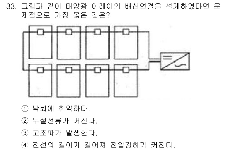 신재생에너지발전설비기사(구) 2016년 33번 - . 낙뢰에 취약하다. 

태양광 어레이를 직렬로 연결할 경우, 하나의 패... 에 관한 핵심 기출문제