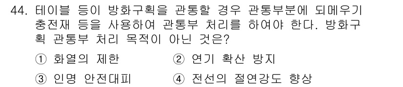 신재생에너지발전설비기사(구) 2016년 44번 - 정답인 이유는 '전선의 절연각도 향상'이 방화구획의 목적과 관련이 없기 ... 에 관한 핵심 기출문제