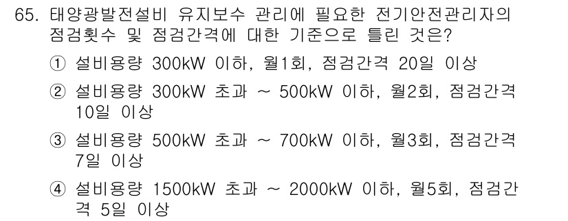 신재생에너지발전설비기사 2018년 65번 - 태양광발전설비의 전기안전관리자는 설비용량에 따라 정기점검 기준이 다르며,... 에 관한 핵심 기출문제