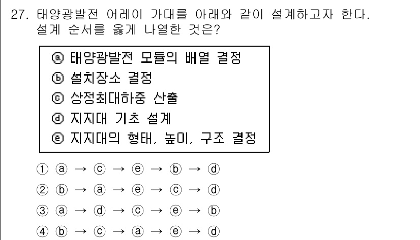 신재생에너지발전설비기사 2019년 27번 - 정답은 (2) 설계장소 결정이다. 태양광 발전 시스템의 설치 위치는 발전... 에 관한 핵심 기출문제
