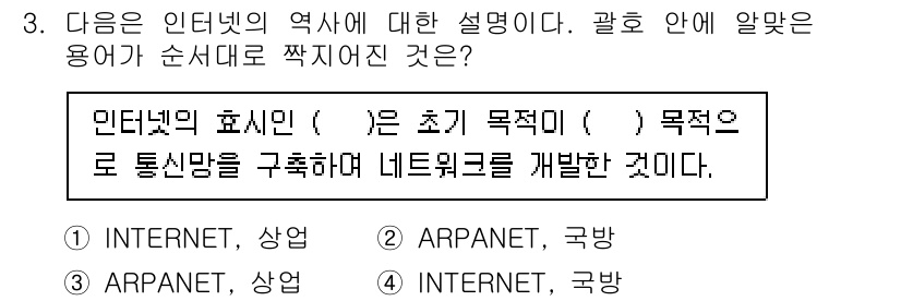 인터넷정보관리사_2급 2020년 3번 - 인터넷의 초기 목적은 정보의 공유와 통신망 구축이었으며, ARPANET은... 에 관한 핵심 기출문제