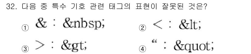 인터넷정보관리사_2급 2020년 32번 - 해설: `&nbsp;`는 공백을 의미하는 HTML 문자 엔티티이고, `&... 에 관한 핵심 기출문제