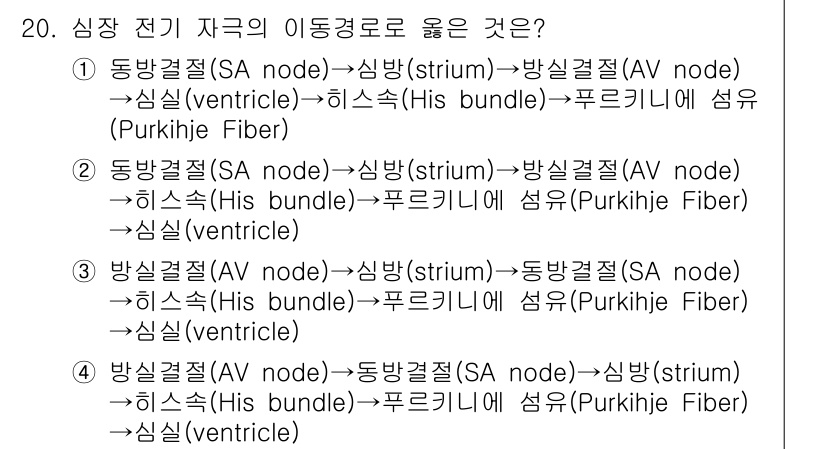 의공기사 2020년 20번 - 정답은 2번이다. SA node에서 시작된 전기가 방실결절(AV node... 에 관한 핵심 기출문제