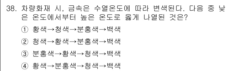 화재감식평가산업기사 2020년 38번 - 화재에서 재료의 연소 온도와 열분해 온도는 색상을 통해 다양한 변화를 나... 에 관한 핵심 기출문제