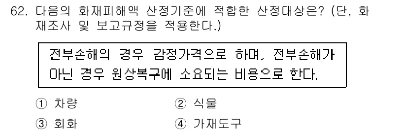화재감식평가산업기사 2020년 62번 - 정답인 이유는 "전부손해의 경우 감정가액으로 하며, 전부손해가 아닌 경우... 에 관한 핵심 기출문제