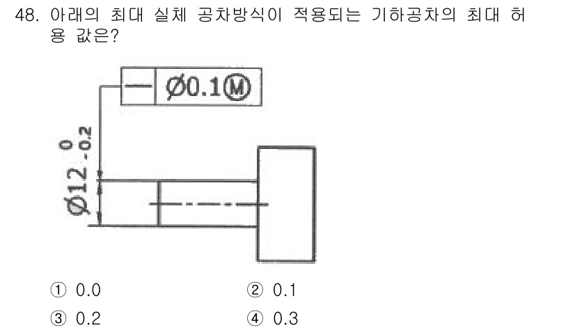 정밀측정산업기사 2020년 48번 - 최대 실체 공차 방식은 주어진 치수와 허용오차를 기반으로 계산됩니다. 기... 에 관한 핵심 기출문제