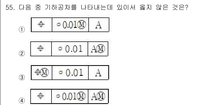 정밀측정산업기사 2020년 55번 - . 

해설: 기하공차에서 "M"은 최대 물체 크기를 나타내며, "A"는... 에 관한 핵심 기출문제