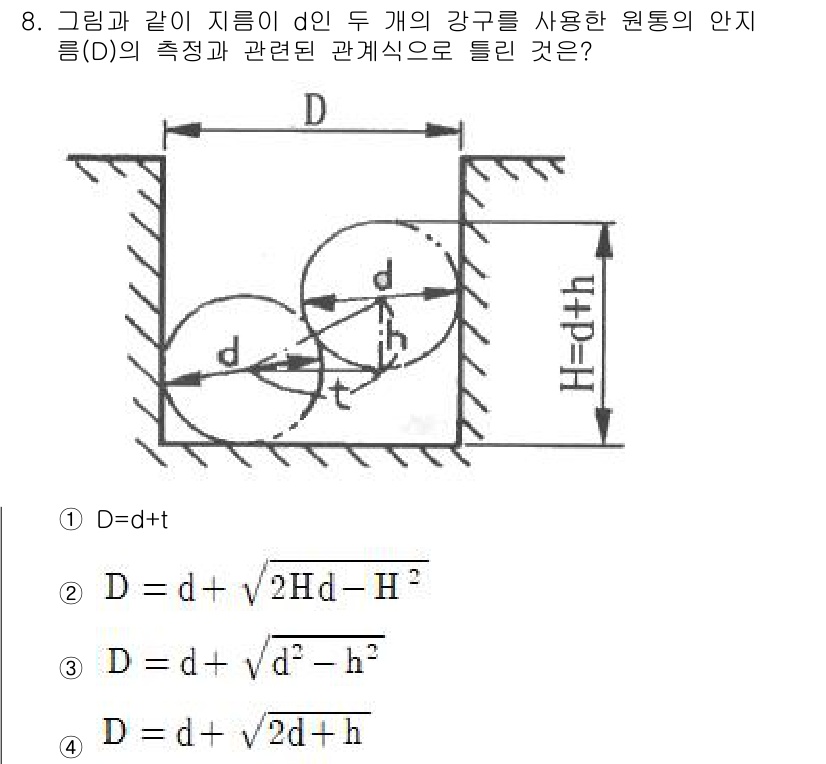 정밀측정산업기사 2020년 8번 - 주어진 도형에서 두 개의 강구가 원통 안에 배치되어 있을 때, 원통의 높... 에 관한 핵심 기출문제