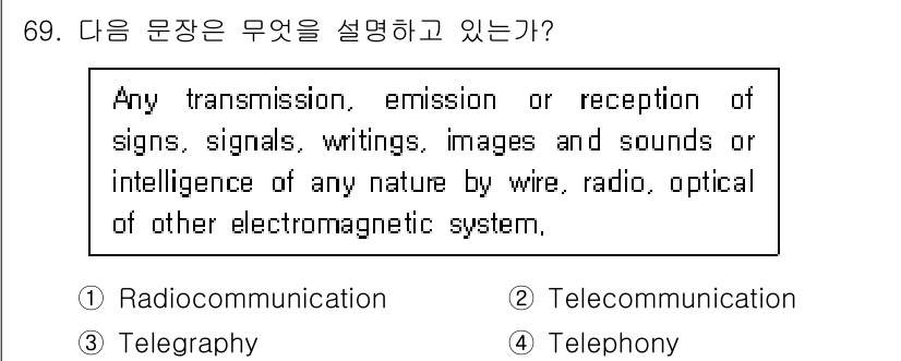 전파전자통신기사 2015년 69번 - 정답은 2번 "Telecommunication"입니다. 주어진 문장은 표... 에 관한 핵심 기출문제