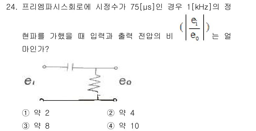 전파전자통신기사 2016년 24번 - 프리엠프 시스템에서 입력 및 출력 전압의 비율 \(\frac{e_{1}}... 에 관한 핵심 기출문제