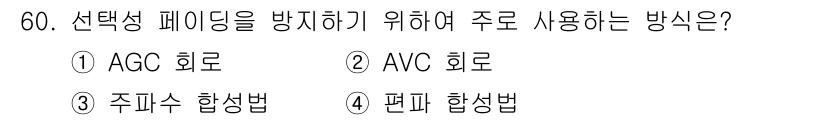 전파전자통신기사 2016년 60번 - 정답은 3. 주파수 합성법입니다. 선택성 페이딩을 방지하기 위해 특정 주... 에 관한 핵심 기출문제
