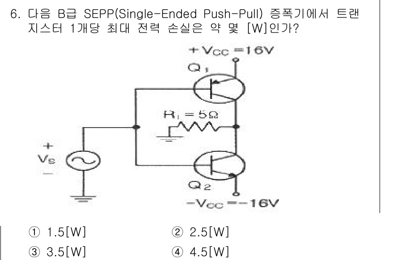 전파전자통신기사 2017년 6번 - 주어진 회로에서 트랜지스터 Q1과 Q2는 각각 출력 전압의 반주기를 담당... 에 관한 핵심 기출문제