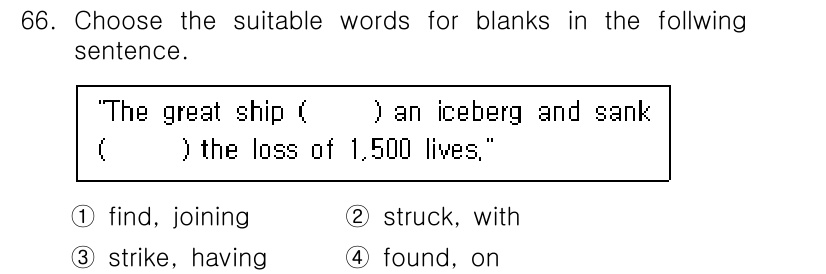 전파전자통신기사 2018년 66번 - 정답은 2번 "struck, with"입니다. 이 문장에서는 주어 "th... 에 관한 핵심 기출문제
