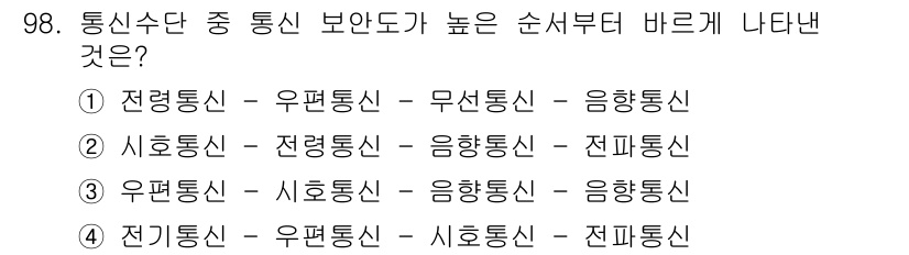 전파전자통신기사 2018년 98번 - 전파전자통신에서 통신의 보안 수준은 일반적으로 전송 매체의 특성과 관련이... 에 관한 핵심 기출문제