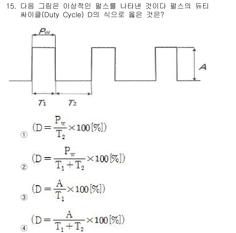 전파전자통신기사 2019년 15번 - 정답 2번이 올바른 이유는, 듀티 사이클(Duty Cycle) D는 펄스... 에 관한 핵심 기출문제