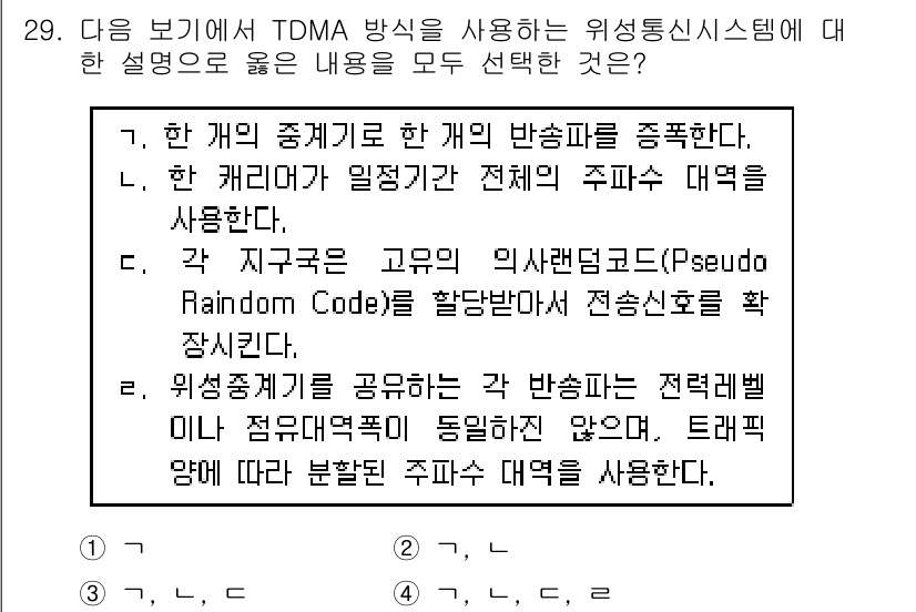 전파전자통신기사 2019년 29번 - TDMA(Time Division Multiple Access) 방식은 ... 에 관한 핵심 기출문제