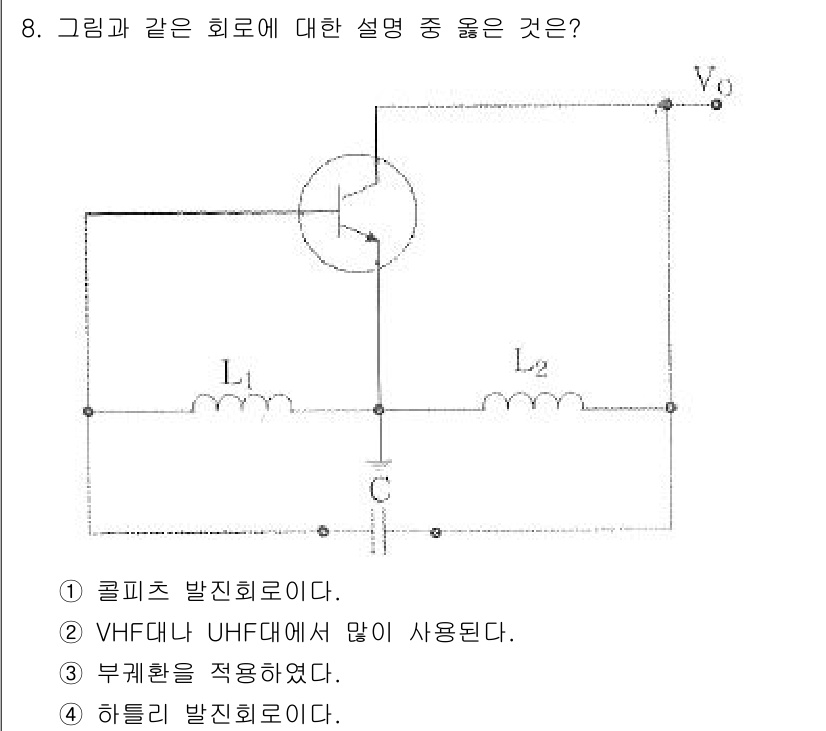 전파전자통신기사 2019년 8번 - 정답은 4번 "하틀리 발진기이다."입니다. 하틀리 발진기는 두 개의 인덕... 에 관한 핵심 기출문제