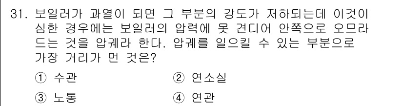 에너지관리기능장 2017년 31번 - 보일러 내부가 과열되면 압력이 상승하게 되고, 이로 인해 안전장치가 작동... 에 관한 핵심 기출문제