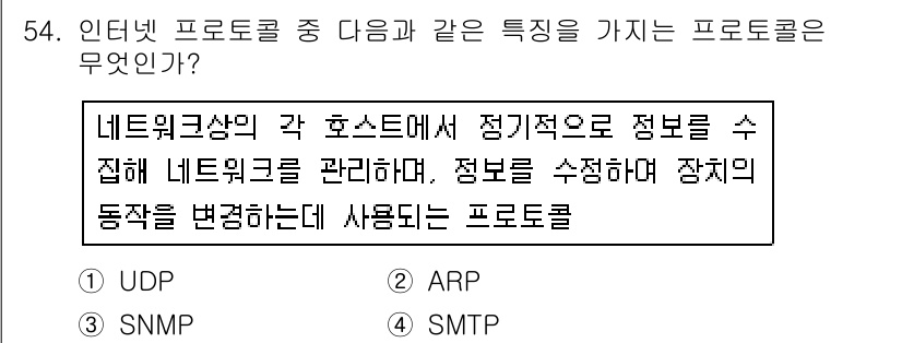 워드프로세서 2020년 54번 - 이 문제에서 요구하는 프로토콜은 네트워크 상의 각 호스트에서 정보를 수집... 에 관한 핵심 기출문제