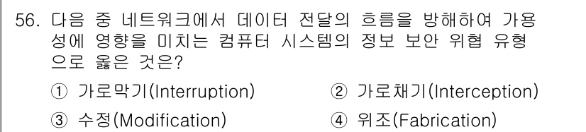 워드프로세서 2020년 56번 - 정답이 '1. 가로막기(Interruption)'인 이유는, 데이터 전송... 에 관한 핵심 기출문제