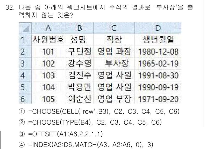 컴퓨터활용능력_1급 2020년 32번 - 주어진 수식들은 특정 조건에 따라 다른 데이터를 선택하거나 참조합니다. ... 에 관한 핵심 기출문제