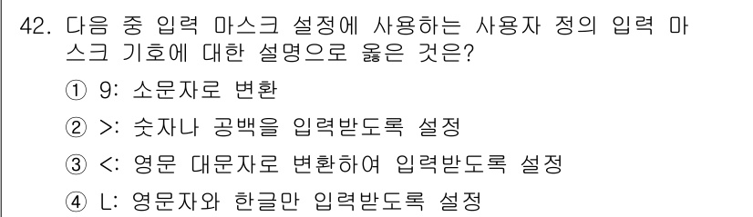 컴퓨터활용능력_1급 2020년 42번 - 입력 마스크 설정에서 'L'은 영어와 한글만 입력받도록 제한하는 기능입니... 에 관한 핵심 기출문제