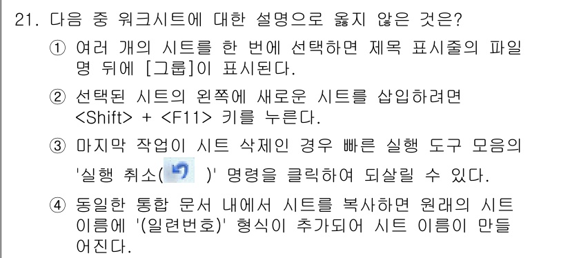 컴퓨터활용능력_2급 2020년 21번 - 정답 '3'은 잘못된 설명입니다. 워크시트에서 '실행 취소' 명령은 시트... 에 관한 핵심 기출문제