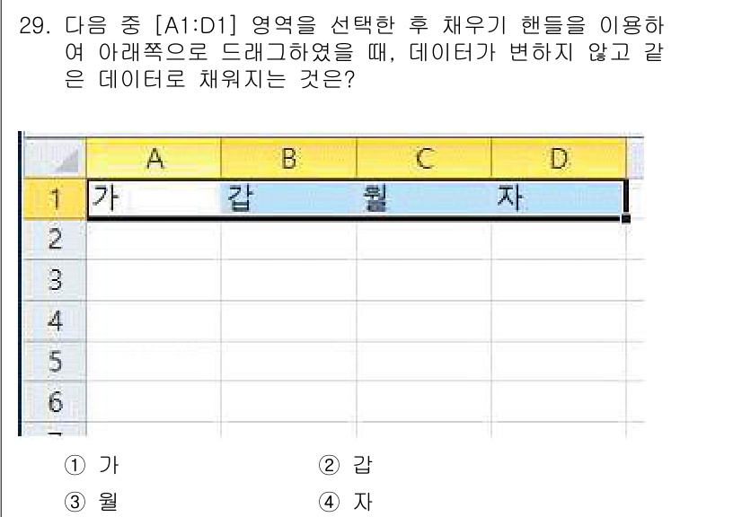 컴퓨터활용능력_2급 2020년 29번 - 이 문제에서 '가'는 다른 셀의 내용과 동일하게 반복됩니다. 엑셀에서는 ... 에 관한 핵심 기출문제