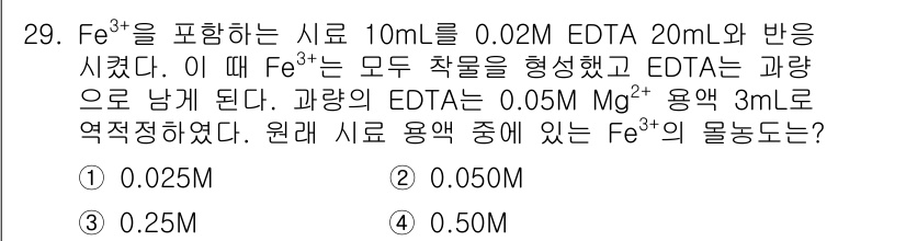 화학분석기사(구) 2015년 29번 - 이 문제에서 Fe³⁺의 몰농도를 구하기 위해 우선 EDTA와 Fe³⁺의 ... 에 관한 핵심 기출문제