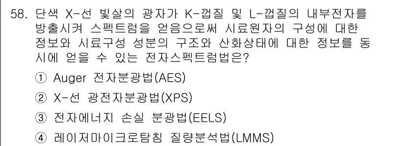 화학분석기사 2015년 59번 - 주어진 문제에서 전자 스펙트럼법을 통해서 시료 원자의 구조와 성분에 대한... 에 관한 핵심 기출문제