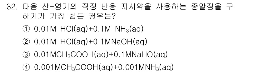 화학분석기사 2016년 32번 - 이 문제는 산-염기 적정에서 종말점을 구하기 어려운 경우를 묻고 있습니다... 에 관한 핵심 기출문제