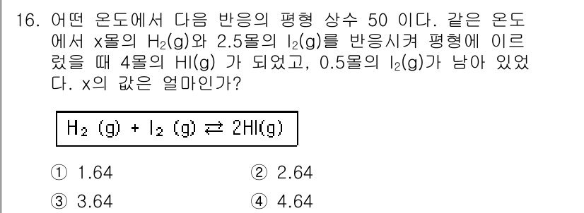 화학분석기사 2017년 16번 - 주어진 평형 반응에서 H₂와 I₂의 몰 비율에 따라 생성되는 HI의 양을... 에 관한 핵심 기출문제