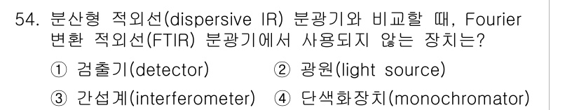화학분석기사 2017년 55번 - FTIR(푸리에 변환 적외선 분광법)에서는 간섭계를 사용하여 파형을 변환... 에 관한 핵심 기출문제