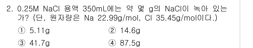화학분석기사 2018년 2번 - 0.25 M NaCl 용액 350 mL의 농도를 계산하면, 몰 수는 0.... 에 관한 핵심 기출문제