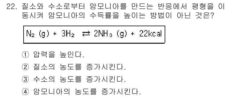 화학분석기사 2018년 22번 - 암모니아의 생성 반응에서 평형을 이동시키기 위해서는 반응물인 질소(N₂)... 에 관한 핵심 기출문제
