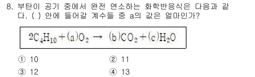 화학분석기사(구) 2019년 8번 - 부탄(C₄H₁₀)의 완전 연소 반응에서 산소(O₂) 양을 구하기 위해 반... 에 관한 핵심 기출문제