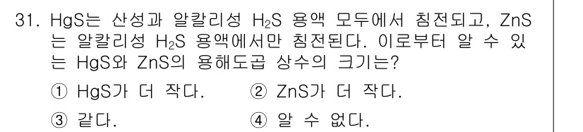 화학분석기사 2019년 31번 - HgS는 H₂S 용액에서 침전되며, 이는 Hg²⁺ 이온의 수용성으로 인해... 에 관한 핵심 기출문제