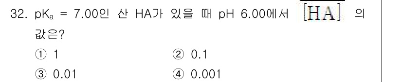 화학분석기사 2019년 32번 - 주어진 pKa 값이 7.00이고 pH가 6.00일 때 산 HA의 농도를 ... 에 관한 핵심 기출문제