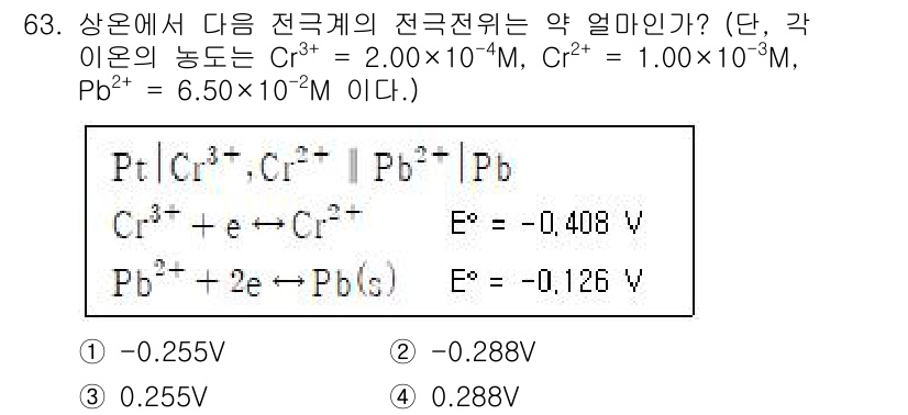 화학분석기사 2019년 63번 - 전극전위 계산에는 Nernst 방정식을 사용하여 각 이온의 농도를 고려해... 에 관한 핵심 기출문제