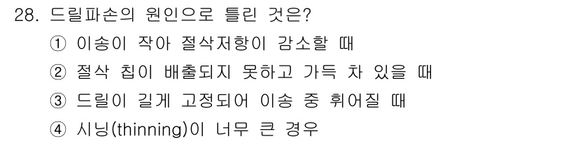 기계가공기능장 2015년 28번 - 드릴 파손의 원인 중 '틀림'에 해당하는 상황은 드릴이 길게 고정되어 이... 에 관한 핵심 기출문제