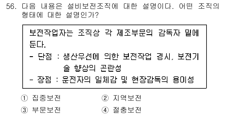 기계가공기능장 2016년 56번 - 설비보전조직은 각 제조부문의 감독자 간의 협력과 유기적인 관계를 강조합니... 에 관한 핵심 기출문제