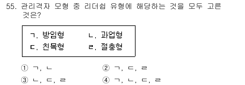 텔레마케팅관리사 2020년 55번 - 리더십 유형 중 방임형, 친목형, 과업형, 절충형은 각각의 관리 스타일을... 에 관한 핵심 기출문제
