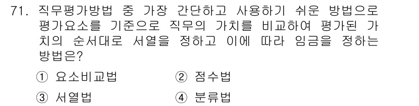 텔레마케팅관리사 2020년 71번 - 서열법은 직무 평가에서 가장 간단하고 사용하기 쉬운 방법으로, 직무의 가... 에 관한 핵심 기출문제