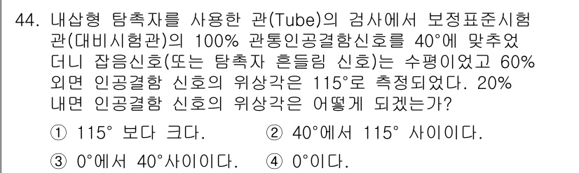 와전류비파괴검사기사 2020년 44번 - 내샘형 탑크자를 사용한 관의 검사에서 20% 외면 인공결합 신호의 위상각... 에 관한 핵심 기출문제