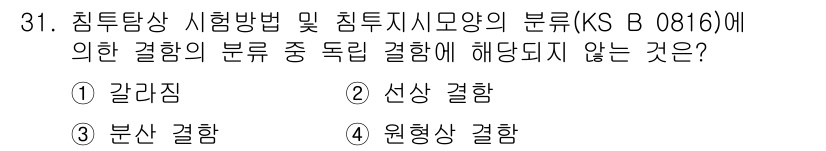 침투비파괴검사산업기사 2020년 31번 - 주어진 문제에서 독립 결합의 분류에 해당하지 않는 것은 '원형상 결합'입... 에 관한 핵심 기출문제