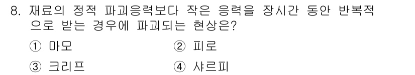 방사선비파괴검사기사(구) 2020년 8번 - 정답 '2'는 피로입니다. 재료에 지속적으로 작은 응력을 가하면, 재료의... 에 관한 핵심 기출문제